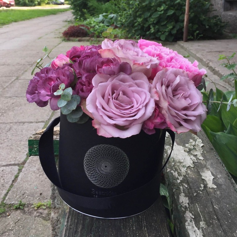 Gėlių dėžutė su gvazdikais ir rožėmis - Beatričės Gėlių Namai
